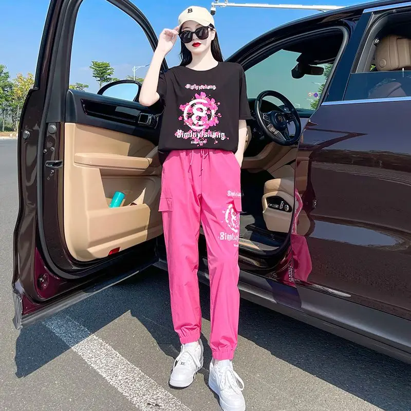 Cotton Baggy Women's Pants Two Piece Set Sport Draw String Summer 2024 Ladies Trouser Sweatshirt Tracksuit Top and Bottom Luxury