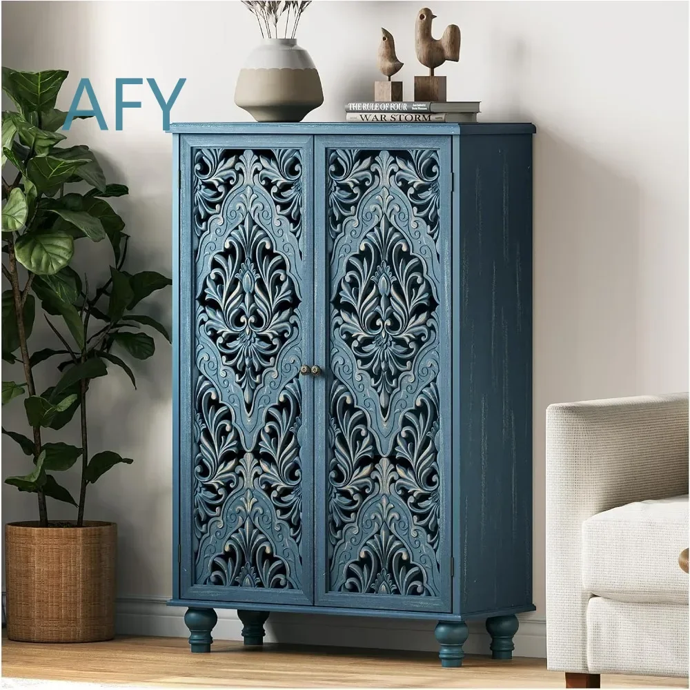 Postmodern Luxury Tall Storage Cabinet for Home Office Living Room Bedroom Decor 2 Door Narrow 47 Inch with Solid Wood Legs