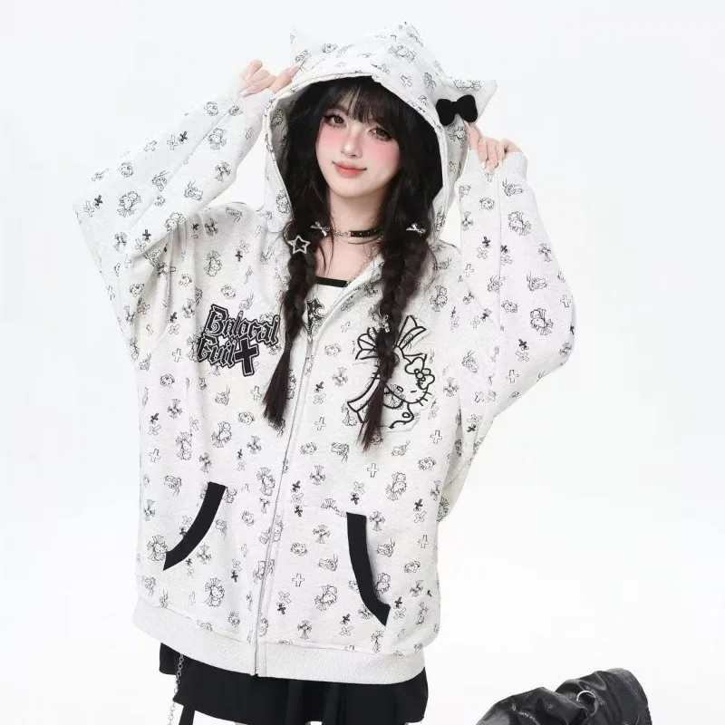 New Cartoon Hello Kitty Sweet Edgy Cross Stitch Hoodie for Men Women Zipper Casual Oversized Cardigan Sweatshirt Adorable Gift
