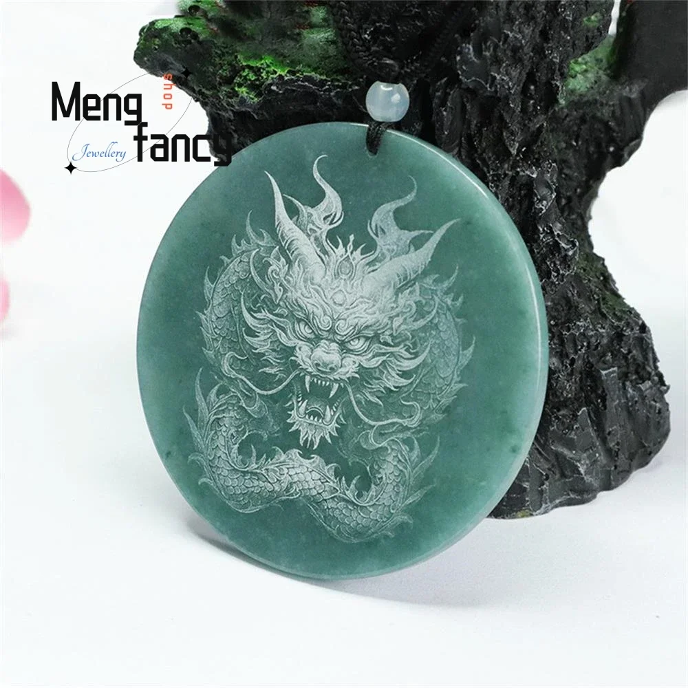 Natural Jadeite Zodiac Blue Water Dragon Sign Jade Shadow Carving Pendant Exquisite Elegant Simple High-grade Fashion Jewelry