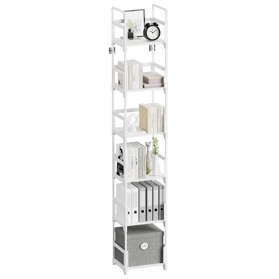 

6 Tiers Tall Narrow Bookshelf Book Shelf Skinny White Bookcase Thin Slim Book Rack Storage Organizer Easy Assemble, Sturdy