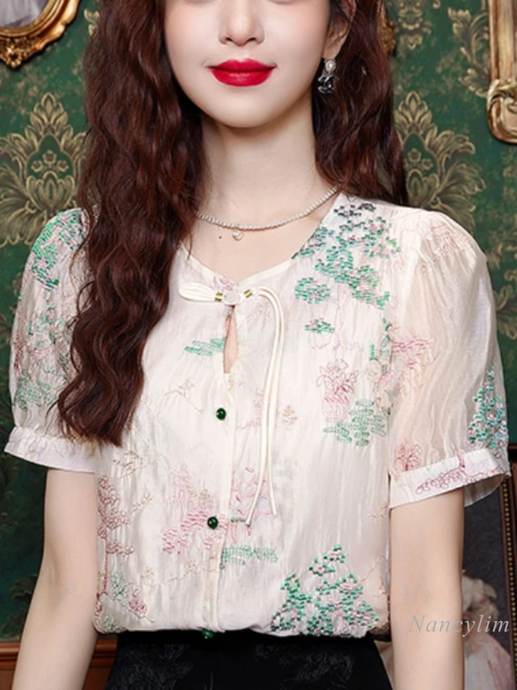 

New Chinese Knot Button Embroidery Shirt Short Sleeve Blouse Women's 2024 Summer New Retro Temperament Chiffon Blusas Tops