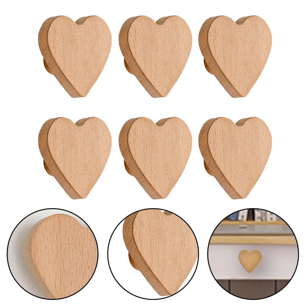 Stylish Set of 6 Heart Shaped Drawer Pulls Made from Natural Beech Wood for Refreshing Your Home or Office Furniture Look