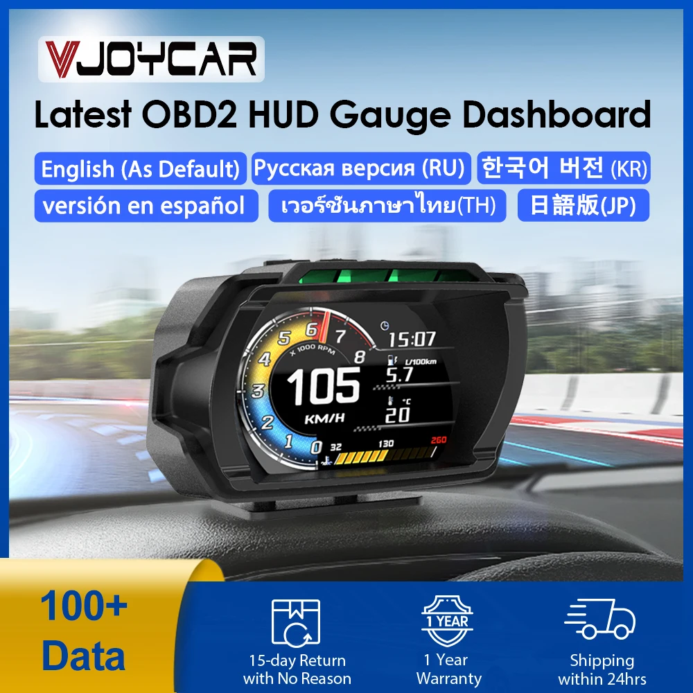 Vjoycar V80 2024 yeni Dashboard Head Up Display OBD2 HUD toplam kilometre araba logosu Turbo Boost güvenlik alarmı su ve yağ sıcaklığı. RPM