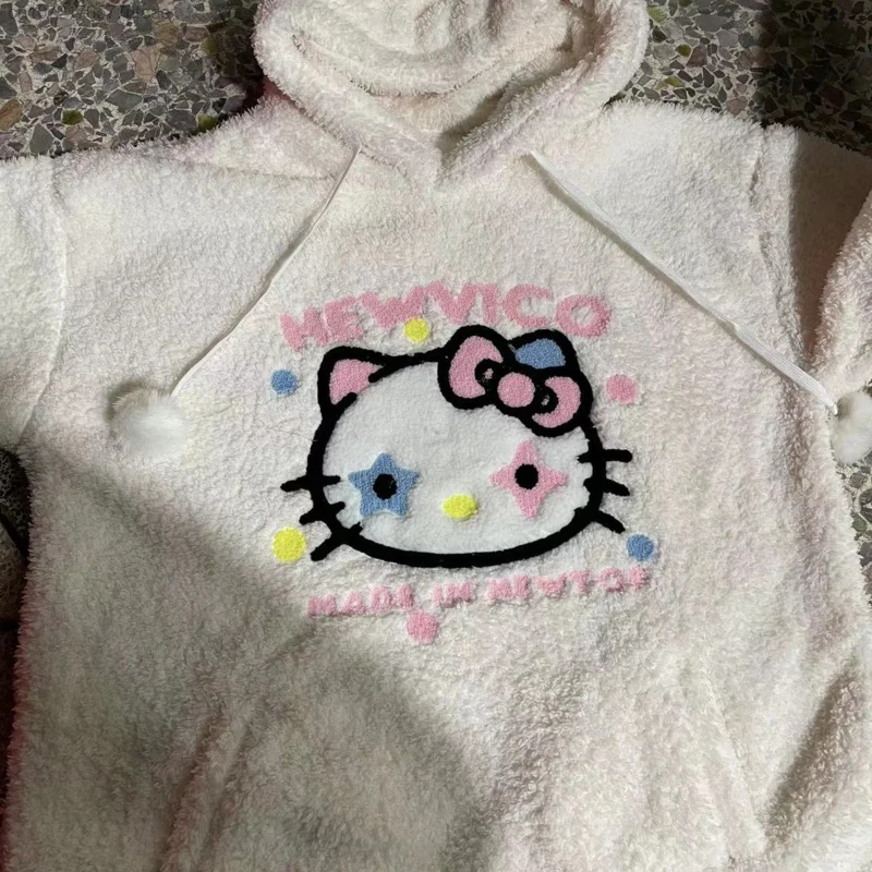 Sanrio Hello Kitty Punk Star Fashion Embroidery Hoodie for Women In Autumn And Winter, Plush Thick Cute Hoodie Clothes