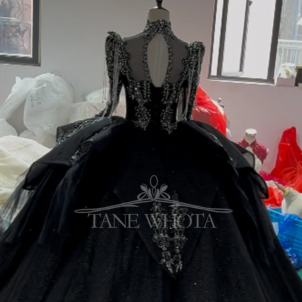 Turtle Black Customizable Long Sleeves Lace-Up Keyhole Back Evening Gown Crystal Beading Luxury Dress For Special Occasions