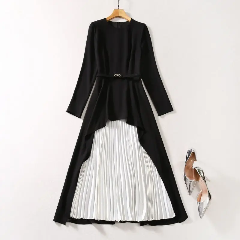 Princess Kate Middleton Dress New High Quality Runway Woman Dress O-Neck Long Sleeves Elegant Contrast Color Pleated Dresses NP