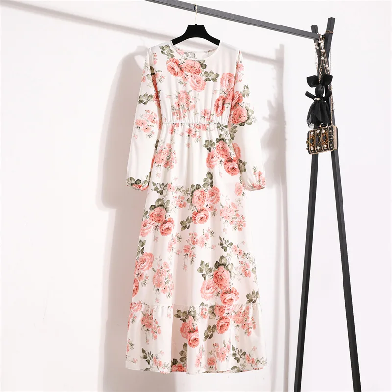 Summer Dresses for Women Casual Solid Full Sleeve Floral Printed O-neck Woman Bohe Beach Party Long Dress Mujer Vestidos