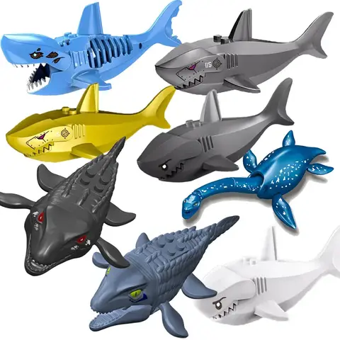 Sea World Animals Adventure Mosasaurus Plesiosaurus Shark Model Building Blocks Enlighten Action Figure Bricks Toys For Children