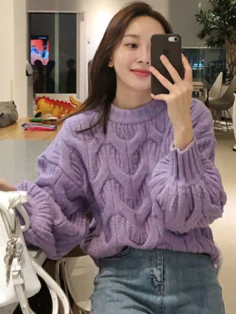 Women's Lantern Bubble Sleeve Crew Neck Cable Knit Pullover Sweater, Lazy Style Loose Thick Twisted Knit Jumper for Autumn