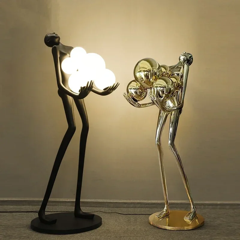 Lámpara de pie con escultura humana para centros comerciales, luces de pie para porche de Hotel, arte moderno, adorno grande, lámpara de bola con personaje