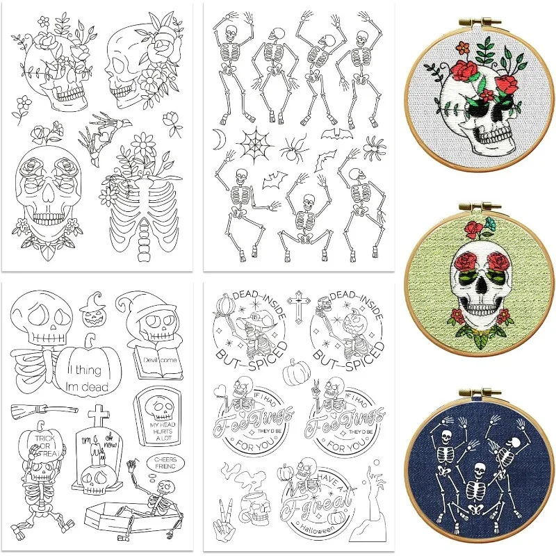 4 Sheets Water Soluble Embroidery Patterns for Beginners Halloween Skeleton for Hand Sewing Lover Women Adults