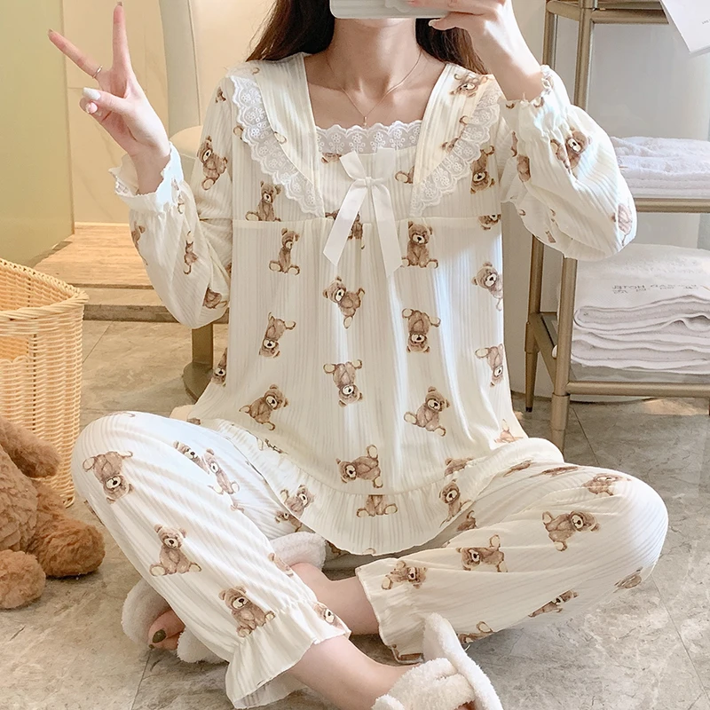 

Pure Cotton Sleepwear Set for Women Sweet Style Long Sleeve Home Clothes Spring Autumn Winter Large Size Comfortable Home Fee...