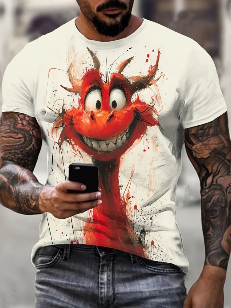 

Fashion 2025 Komik Ejderha Desen Erkek T-Shirt Kişilik Hayvan 3D Baskılı T-Shirt Erkekler için Yaz Gevşek Kısa Kollu Tee