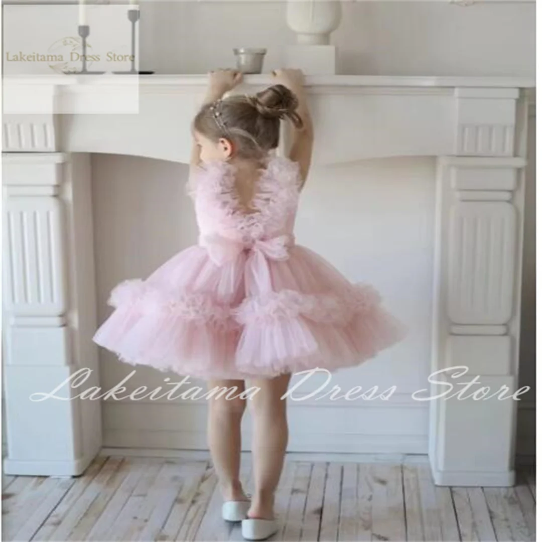 Wedding Light Pink Tulle Sleeveless Flower Girl Dress For Knee Length Bow Child First Eucharistic Birthday Party Dresses