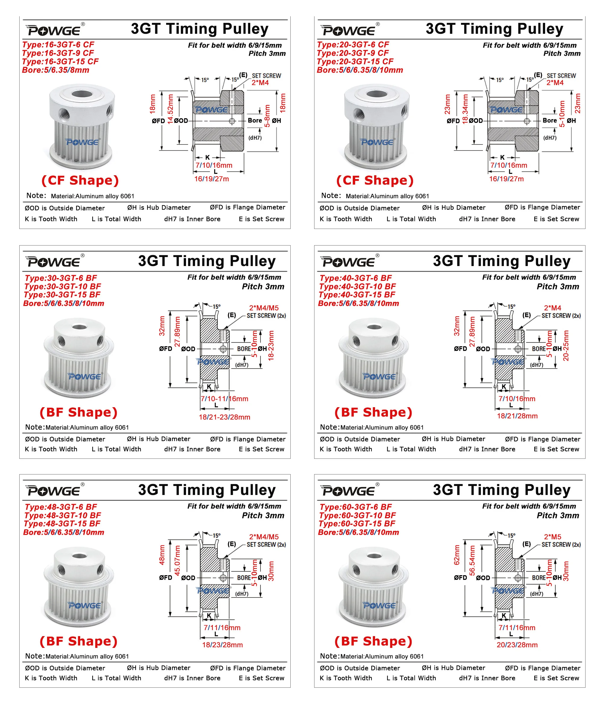 POWGE 16 20 30 40 48 60 Teeth 3MGT 3GT Timing Pulley Bore 5/6/6.35/8/10mm for Belt Width 6/9/15mm 16T 20T 30T 40T 48T 60T