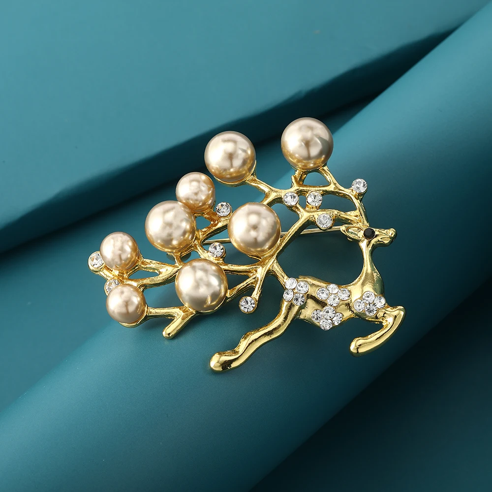 دبابيس طية صدر أيل بألوان ذهبية وفضية للنساء ، بروش لؤلؤ مرصعة بالكامل بالكريستال ، 2 روض