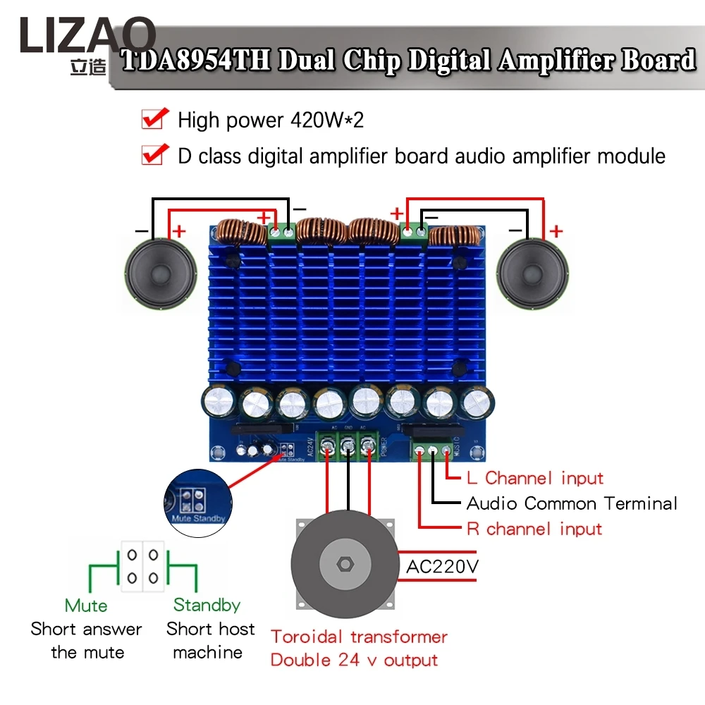 LIZAO XH-M252 2×420W Digital Amplifier Board TDA8954TH Dual Chip AC24V Ultra High Power Stereo Audio Amplifier Module