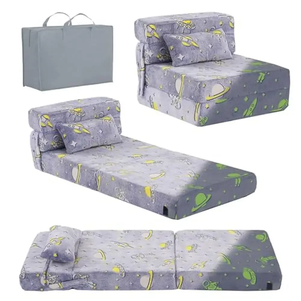 Kids Glow Tri Folding Mattress Sofa Chair Floor Bed Portable Pillow Storage Bag Foam Toddler Couch Play Lounger Car Cot Camping