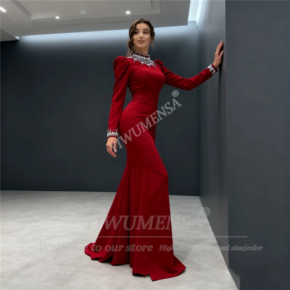 ชุดราตรีผ้าชีฟองสีเบอร์กันดีประดับคริสตัล  คอสูง แขนยาว  แบบสั่งตัดได้  สำหรับงานพรอมหรืองานเลี้ยงอย่างเป็นทางการ  ชุดราตรีสำหรับผู้หญิง