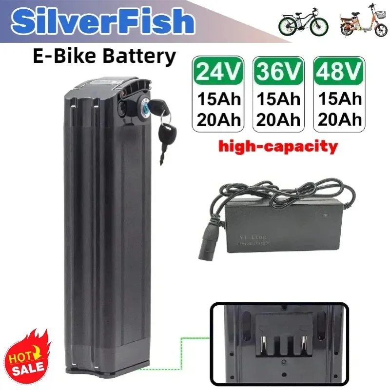 

Silver fish li-ion electric bicycle battery 24V/36V/48V, large capacity 15AH 20Ah, using high-quality 18650 battery with charger