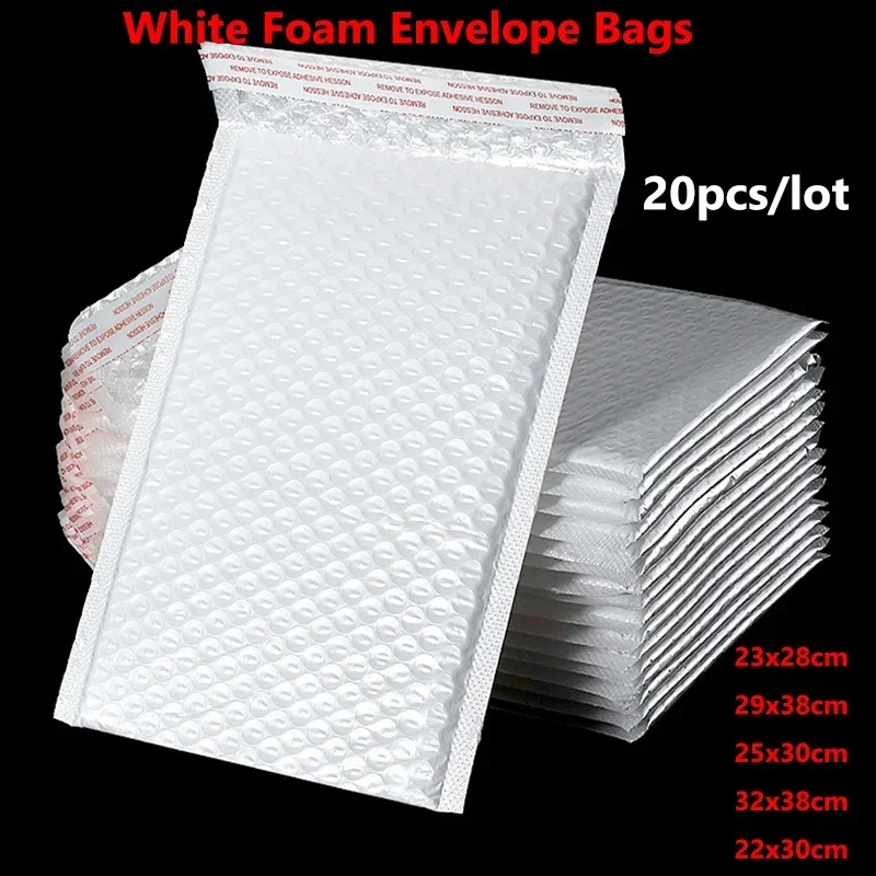 Enveloppes à bulles imperméables en mousse blanche, sacs d'emballage auto-scellants en plastique, grande taille, 20 pièces