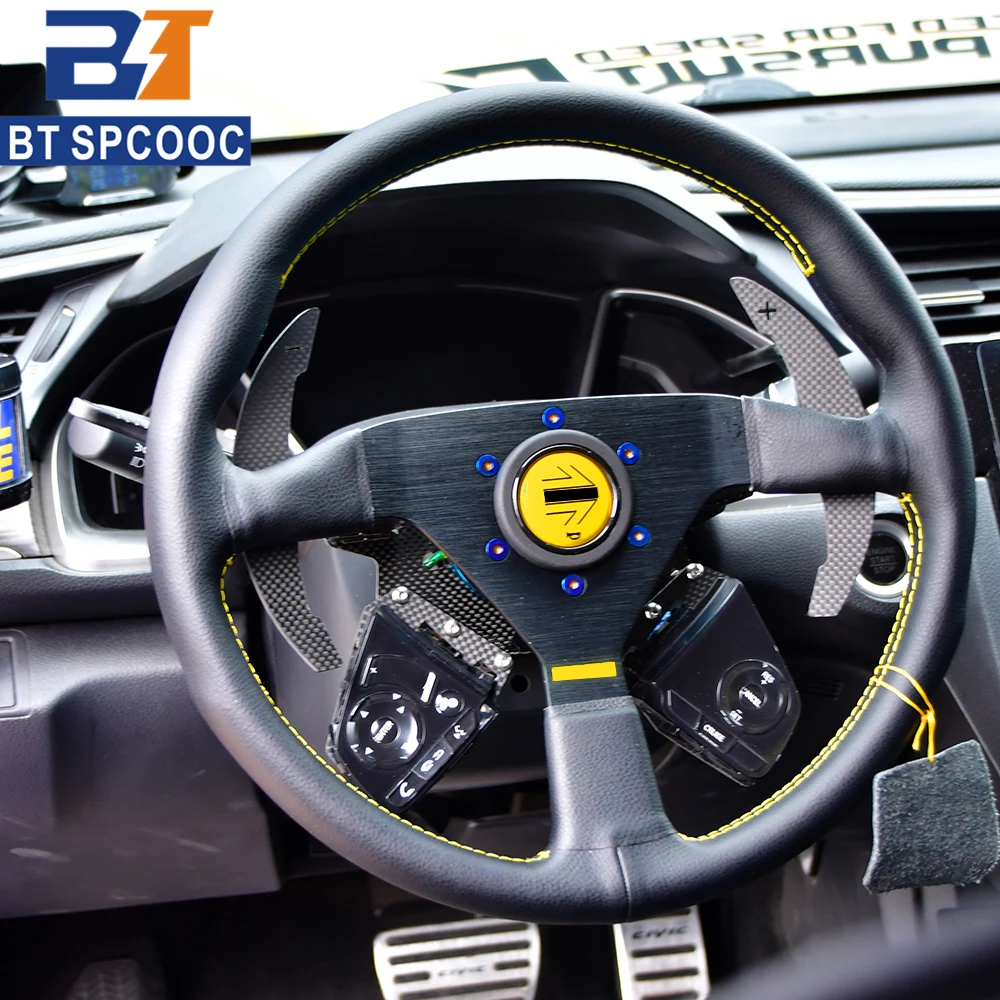 Blue Yellow Stitching Italy Style V1 Steering Wheel Real Leather 14inch 350mm Flat Italy Back Engraving Racing Street Sport