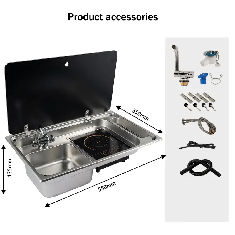 RV Stainless Steel Sink and Induction Cooker Combination Unit with Tempered Glass Lid and Hot and Cold Folding Faucet