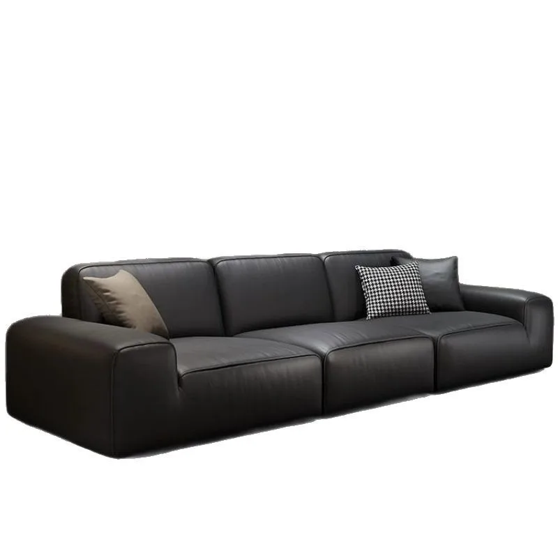 

Big black cow straight row sofa leather living room modern and simple