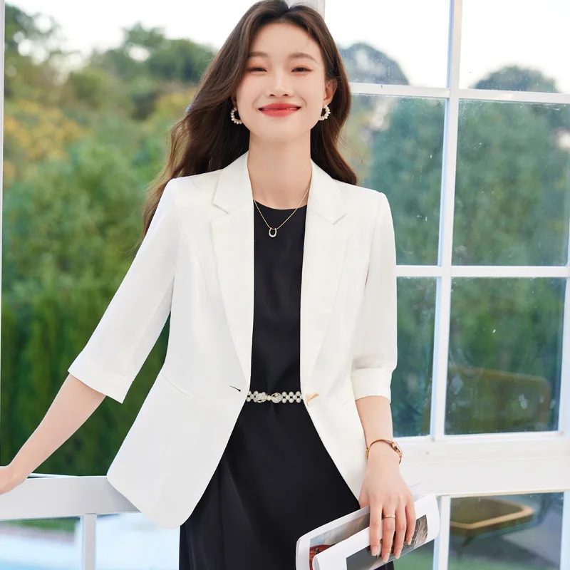 High quality blazer for women single breasted 3/4 sleeve notched collar autumn 2025 elegant fashion office clothes black white