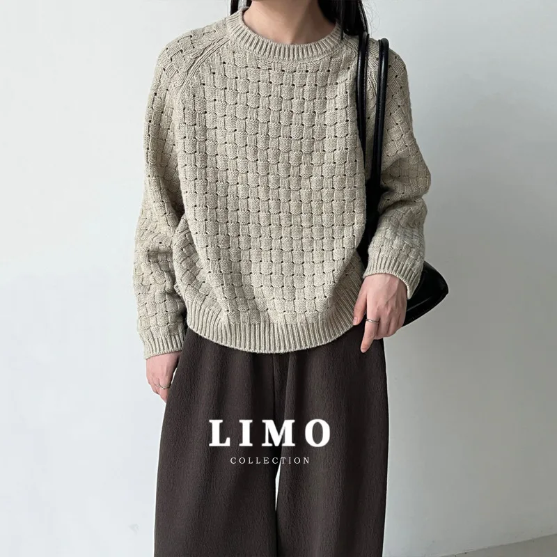 

LIMO корейский стиль ленивый узор вязаный свитер с круглым вырезом для женщин осенний новый полый вязаный топ элегантный и удобный