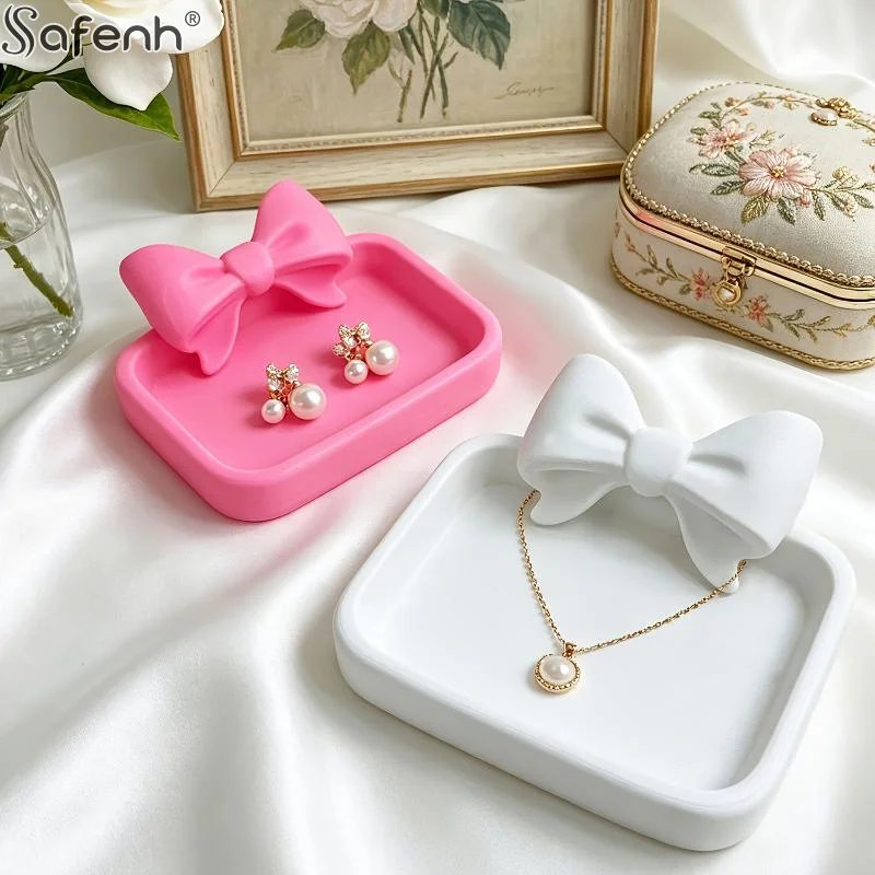 1Pcs PremiumHeart-Shaped 3D Printed Jewelry Tray With Pink Bow, Elegant Decor For Table, Sink & Office Desk, Perfect For Jewelry