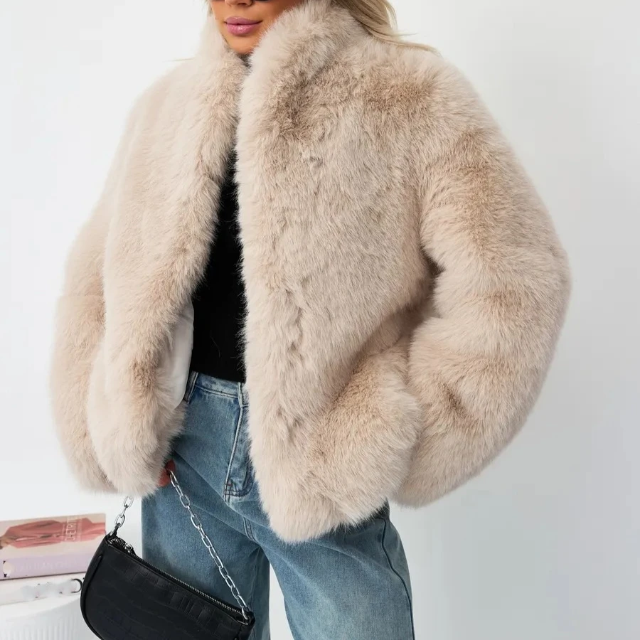 

Women Faux Fox Fur Coats Solid Short Overcoat Stand Collar Long Sleeve Open Stitch Thick Loose Elegant Casual Autumn Winter 2025