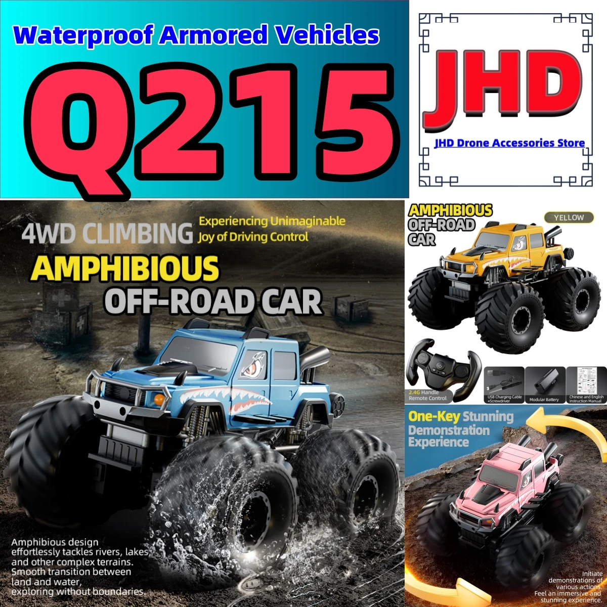 

JHD For JJRC Q215 Amphibious RC Car 2.4G 4WD Remote Control Truck Climbing Off Road Waterproof Armored Vehicles Q215 Toy Gift