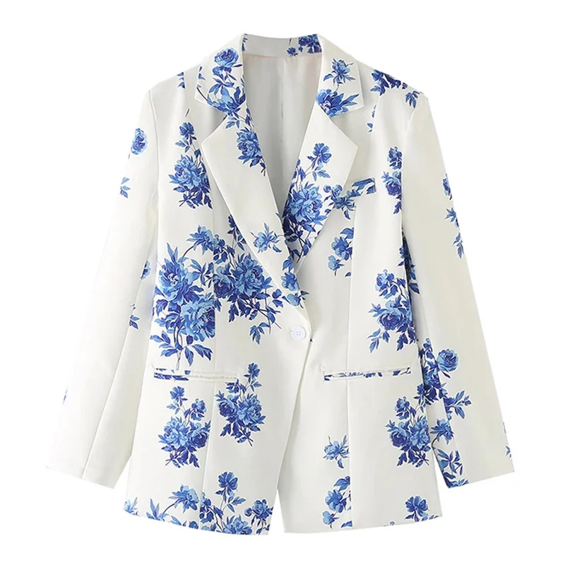 Vintage Bloem Afdrukken Jasje Lente Herfst Nieuwe Vrouwen Casual Notched Kraag Enkele Knop Lange Mouw Vrouwelijke Blazers Jas
