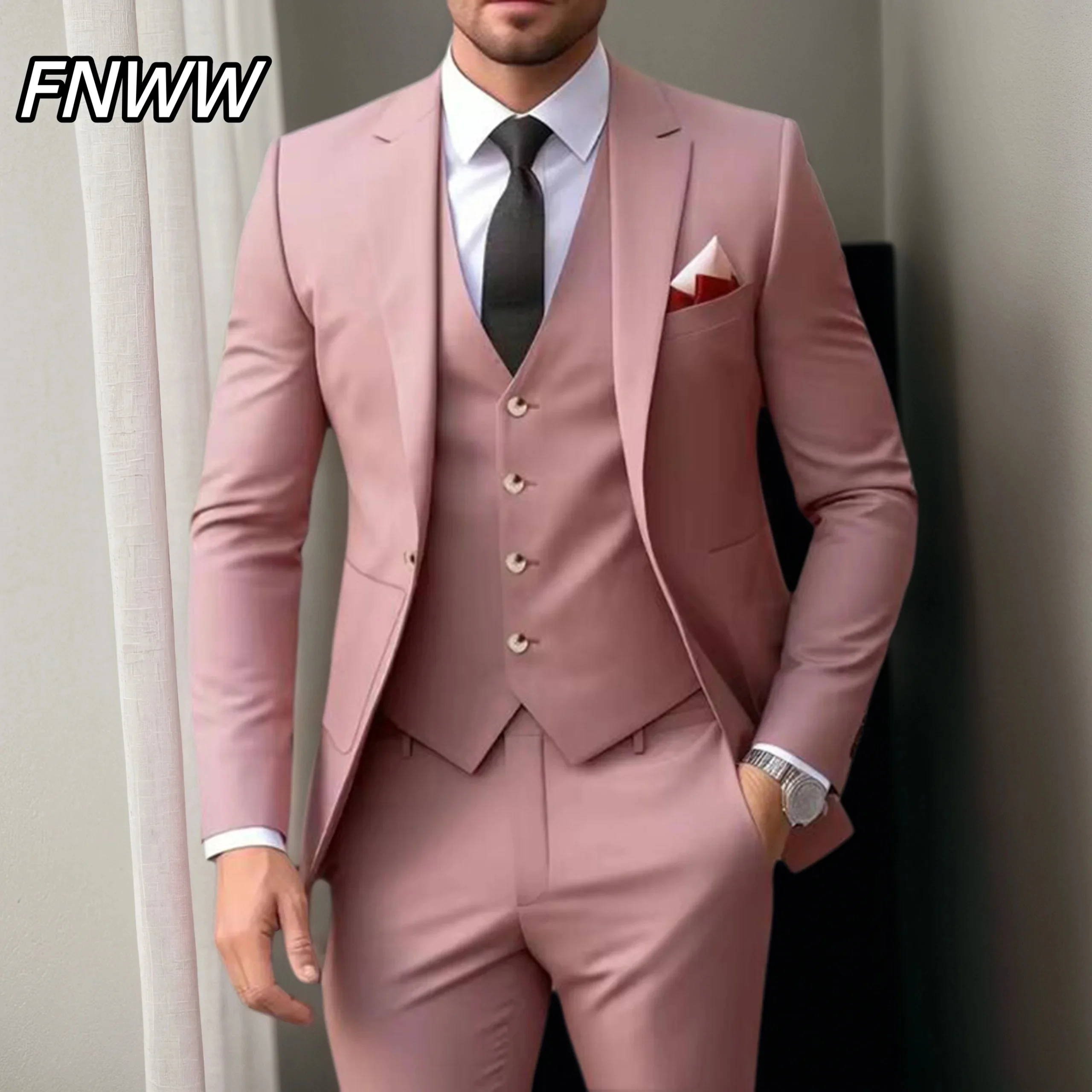 

Мужской свадебный костюм Slim Fit 2026 года, однобортный, пыльно-розовый, элегантный, из 3 предметов: пиджак, брюки, жилет. Высокое качество.