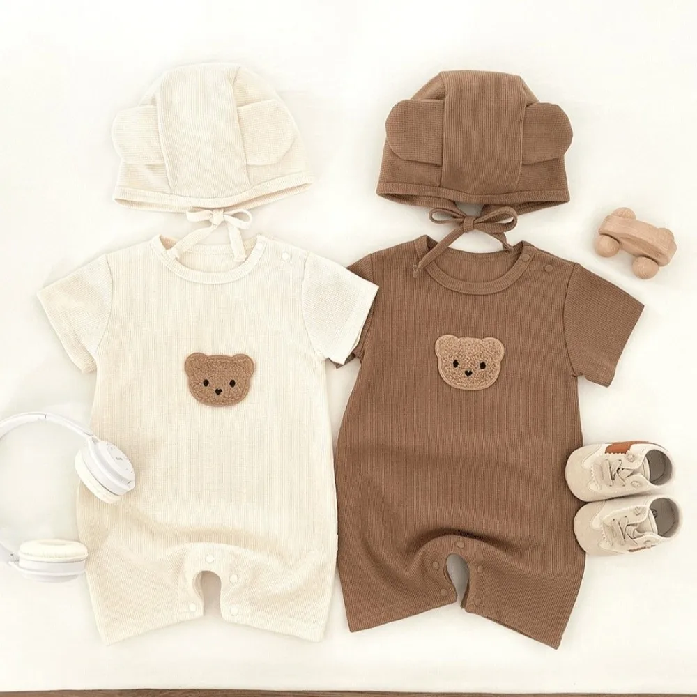

Short Sleeve Baby Romper Pure Cotton Cute Bear Design Cartoon Bear Bodysuit Waffle Texture Soft Fabric Waffle Patch Jumpsuit