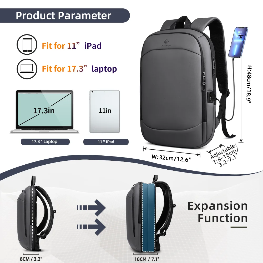 HK Fashion Slim Laptop Backpack for Men Waterproof Expandable Business Work Backpack 17\