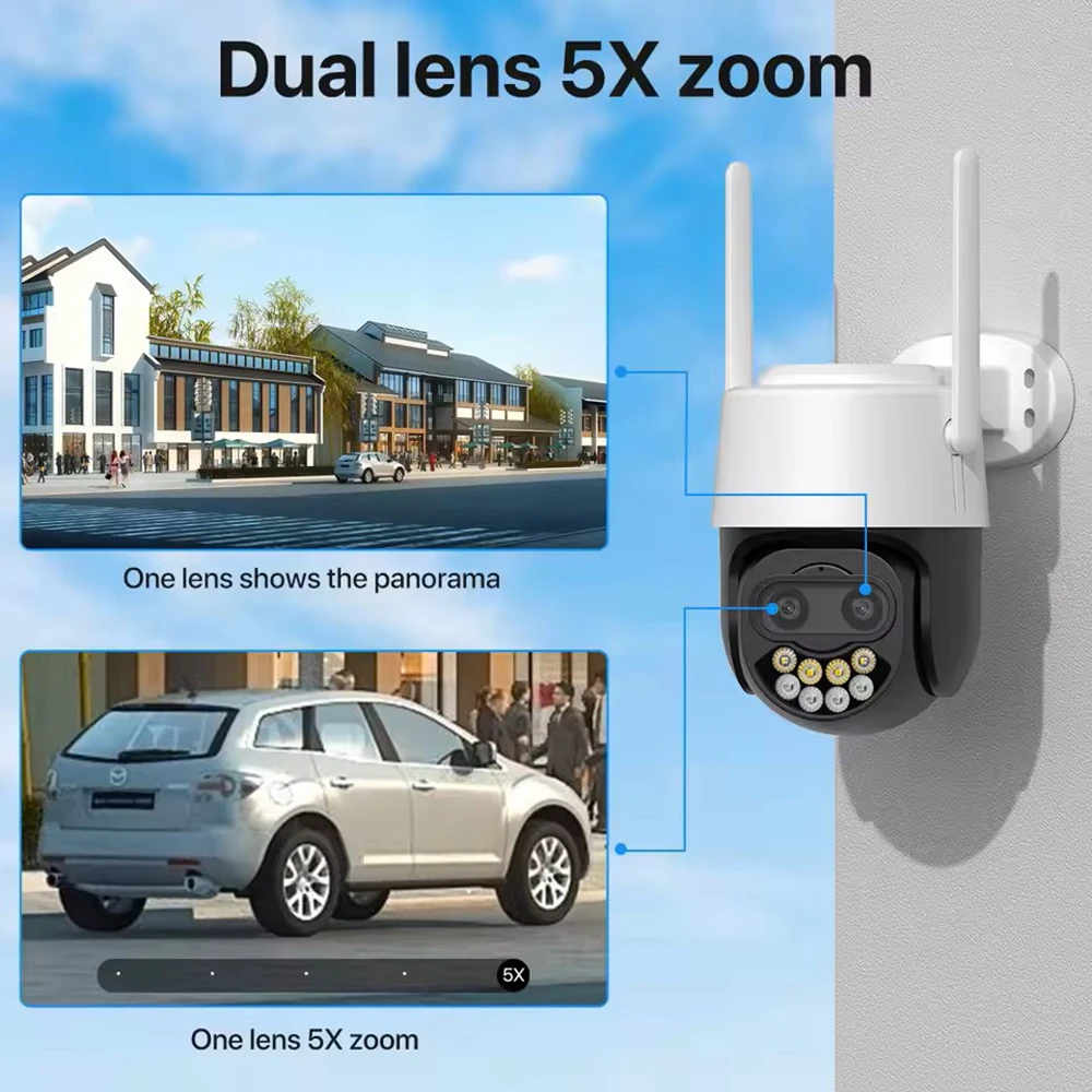 Dual Lens 4K 8MP HD PTZ WiFi Camera 5X Zoom 4MP  IP Camera  Ai Human Detection Video Surveillance Security Camera iCSee APP