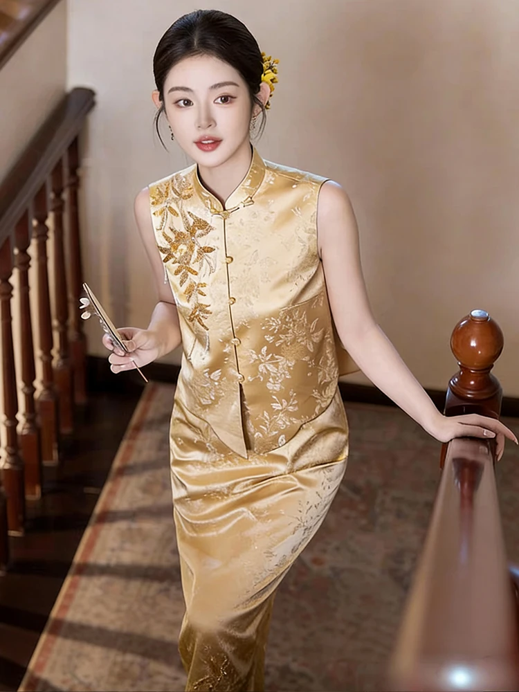 

New 2026 Chinese Style Wedding Dress Set Sleeveless Two-Piece Suit for Bride Engagement Party Evening Gown Zipper Closure