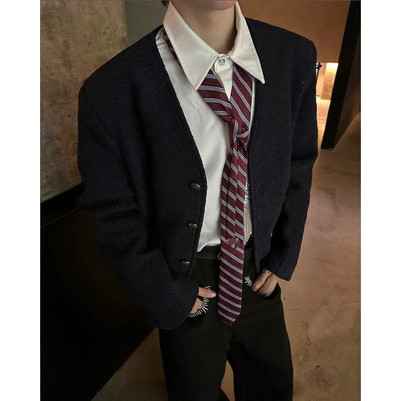 

Ретро-куртка из шерсти на осень-зиму с V-образным вырезом, молодежная, модная, теплая, для ношения под одеждой, мужская, из полиэфирного волокна