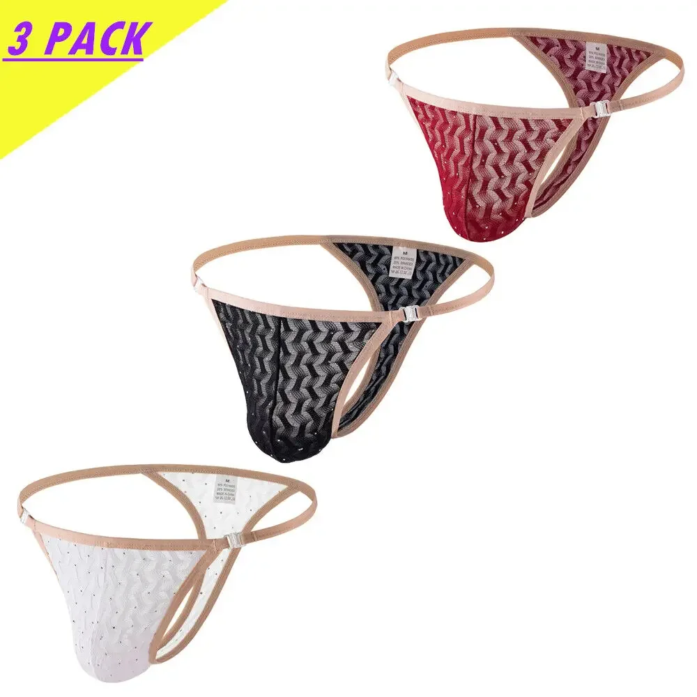 

3 шт., мужские сексуальные ультратонкие кружевные дышащие стринги с низкой талией, съемный бандаж, нижнее белье, U-образная расширительная сумка, эротическое нижнее белье