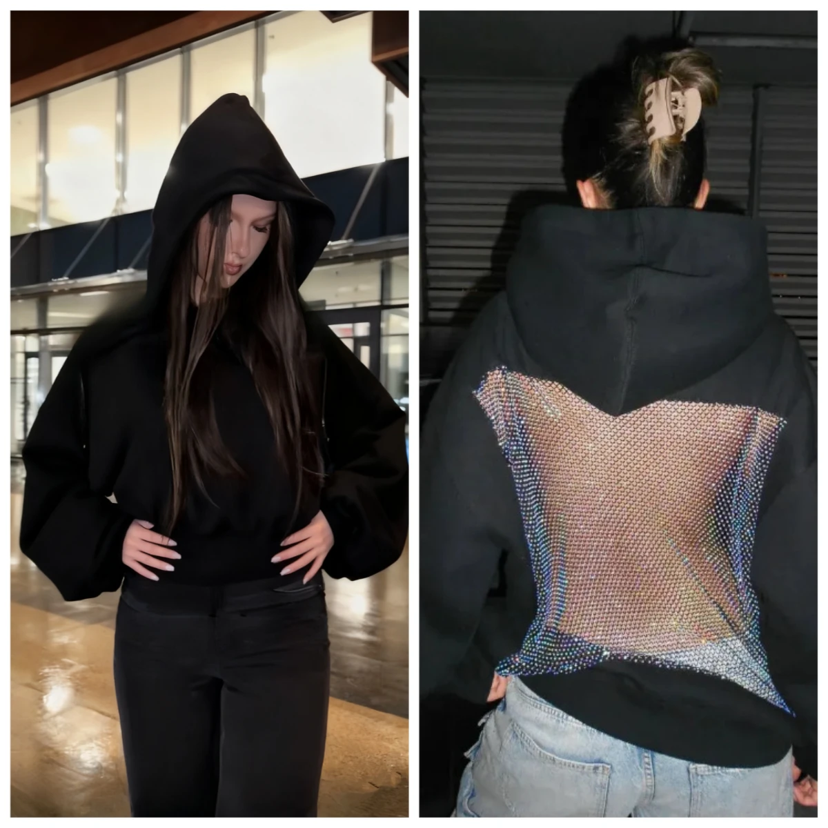 Nowa jesienno-zimowa damska bluza z kapturem w czarno-białym stylu, seksowna, z wycięciami, wyszczupla i podkreśla plecy.