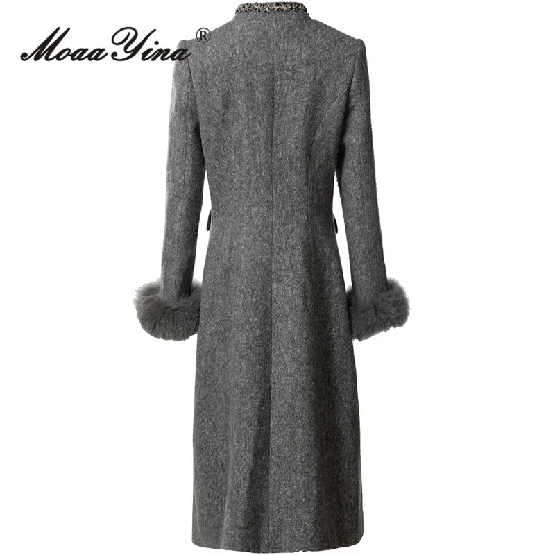 MoaaYina Autumn/winter Vintage Designer Coat Women Grey Stand Collar Single-breasted Pocket S-3XL Long Overcoat