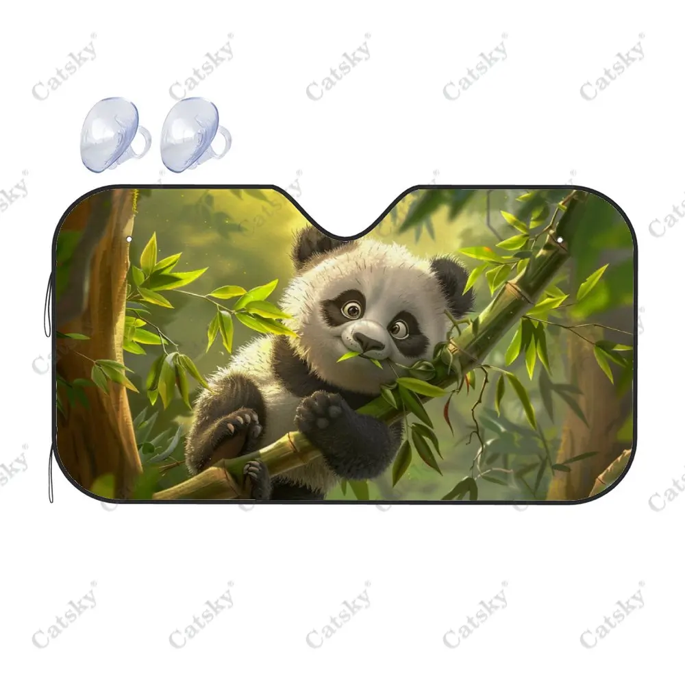 Cartoon Panda Eating Bamboo Car Windshield Sunshade,Auto Accessories Front Windshield Sun Visor Blocks Uv Rays Protect Decor