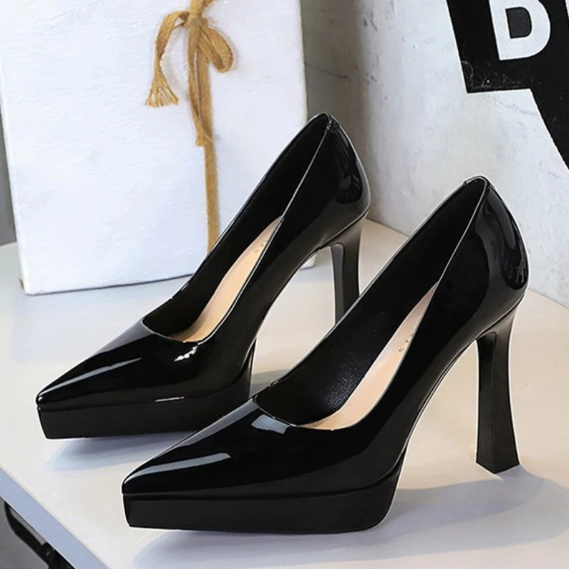 BIGTREE Shoes Platform Pumps Women 12 CM Heels Patent Leather High Heels Thick Heel Ladies Shoes Pointed End Woman Pumps Fashion view 3
