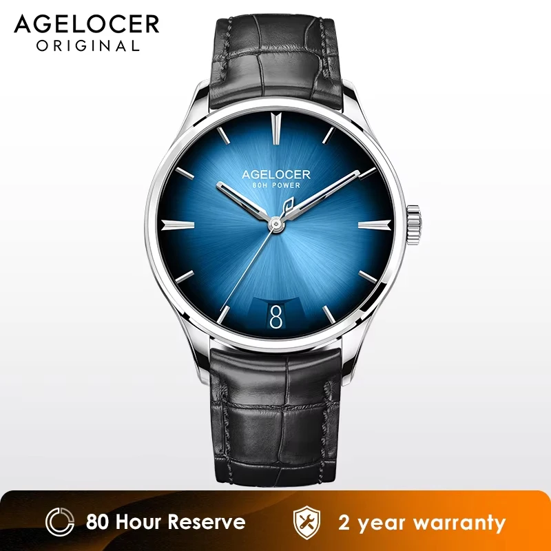 AGELOCER Reloj de acero inoxidable ultrafino para hombre, mecánico automático, calendario de marca superior, reloj con esfera degradado de lujo