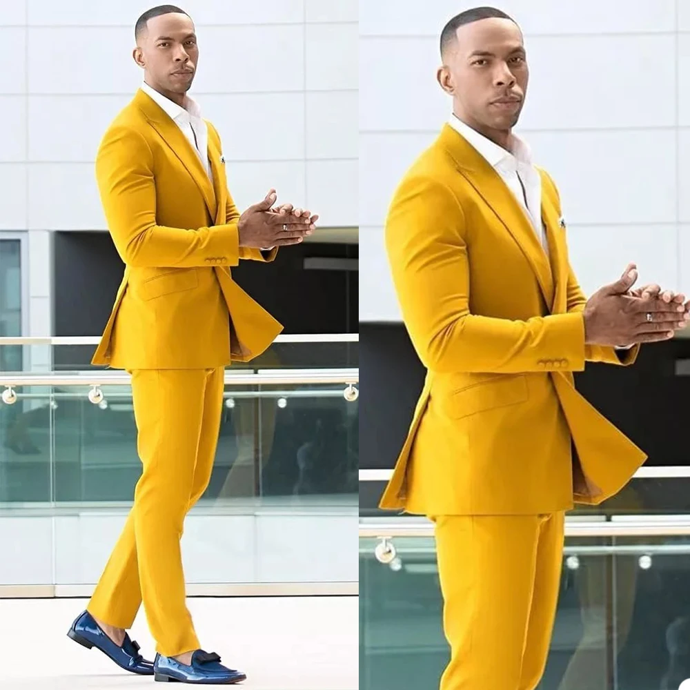 

Yellow Soild Mens Suit Blazer+Pants One Button Elegant Slim Fit Groom Wedding Prom Party Dinner Tuxedos Custom Made 2 Pieces