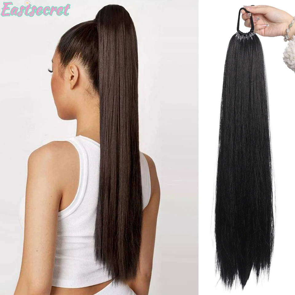 EAST10 Shares sintetis panjang lurus Ponytail dengan pita elastis bungkus sekitar hitam PonyTail ekstensi untuk wanita aksesoris rambut