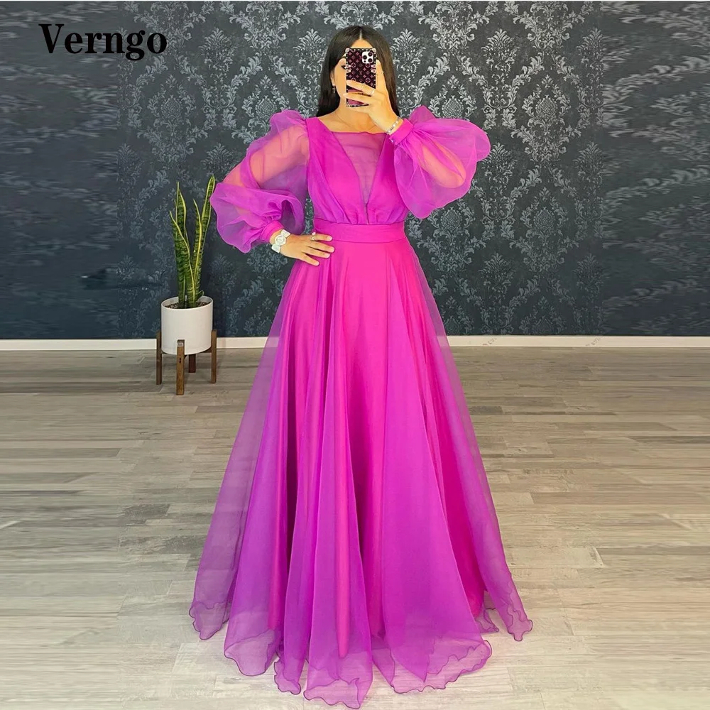 Verngo Modest Arabic Wome Long Sleeves Evening Dress Bateau Neck Organza Fuschia Green Prom Gown Wedding Party Dress Customized